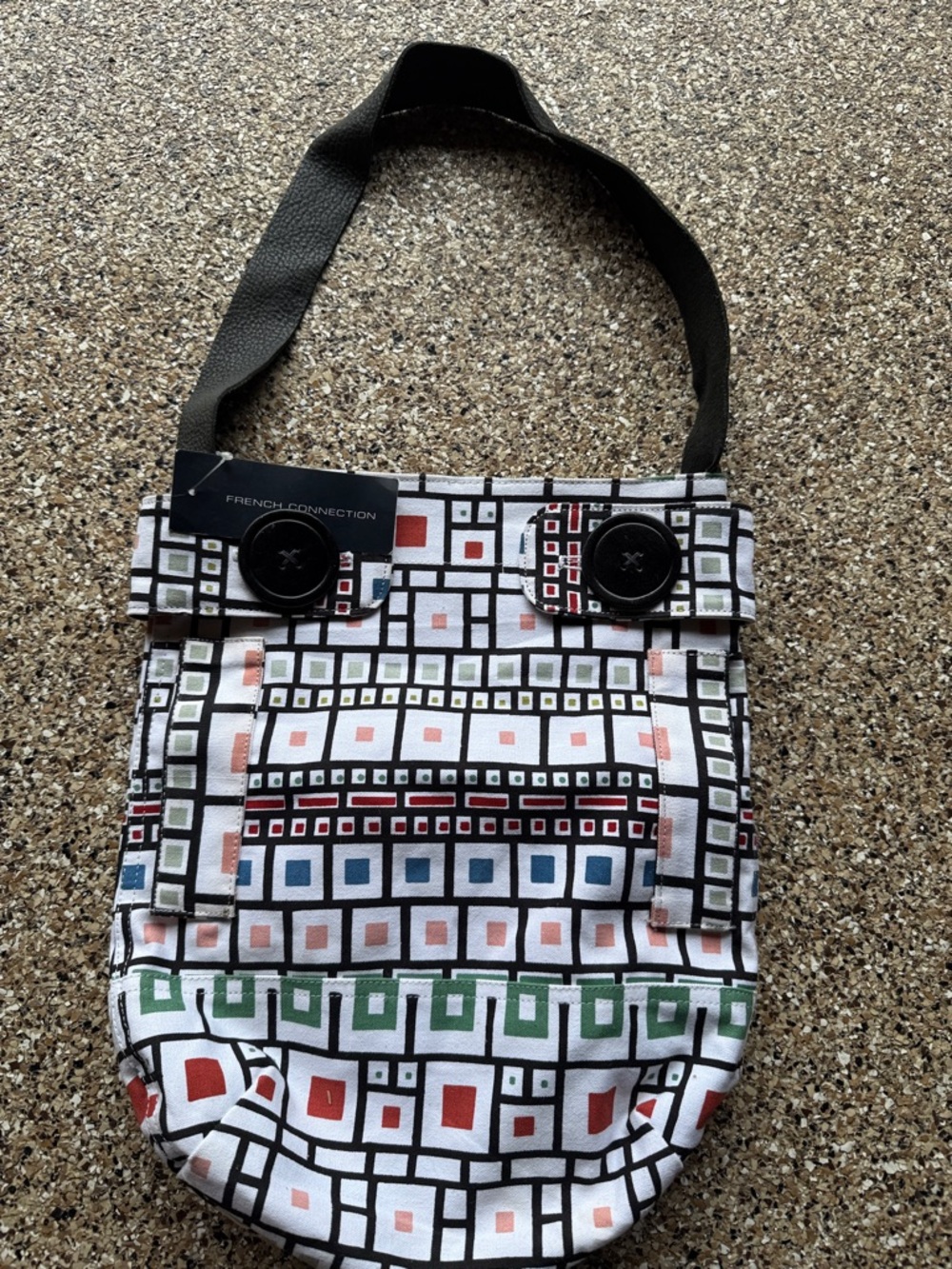 French Connection Multicolor Geometric Shoulder Bag with Black Leather Strap